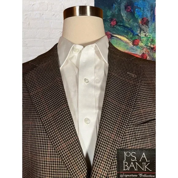 Jos A Bank 46R Signature Houndstooth Blazer Coat Jacket Silk Camelhair - Picture 2 of 14